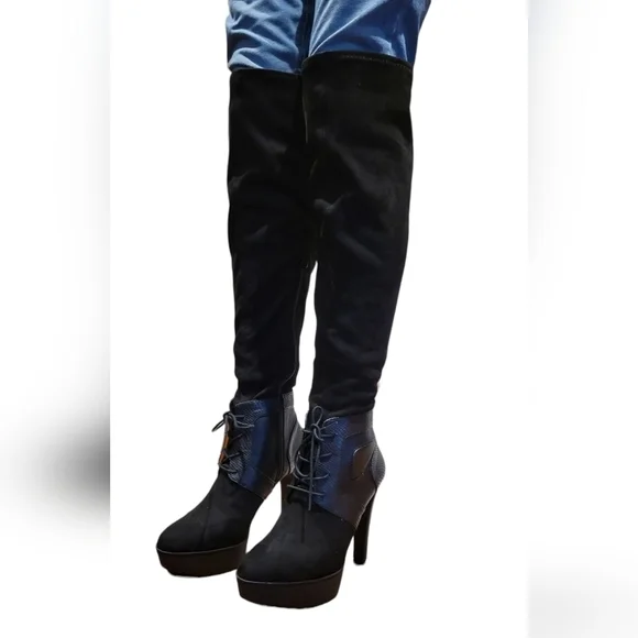 Jlo Vivah Black over the Knee Platform Boots with lace up front Size 7 1/2 M - Picture 5 of 16